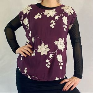 dark purple / cream floral embroidered top size small / medium
